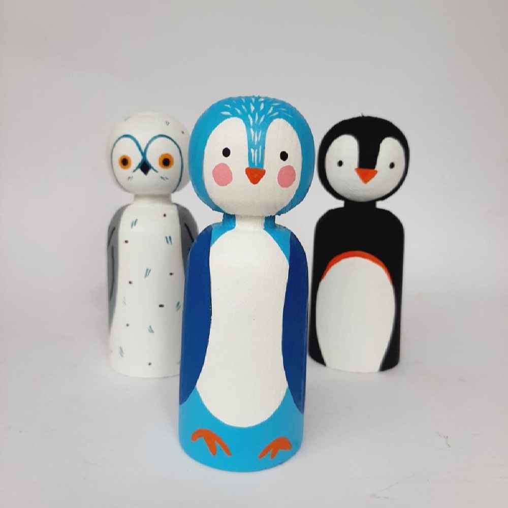 Handgefertigte Holz-Peg-Puppen – Pinguine | Charmante Figuren arktischer Tiere