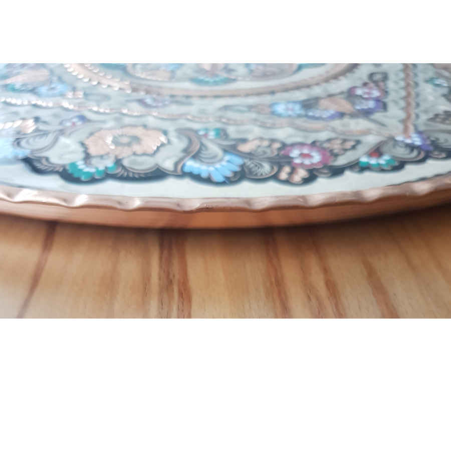 Dekoratives Kupfertablett, handgraviert & gehämmert mit persischem Kunsthandwerk und Homa-Design