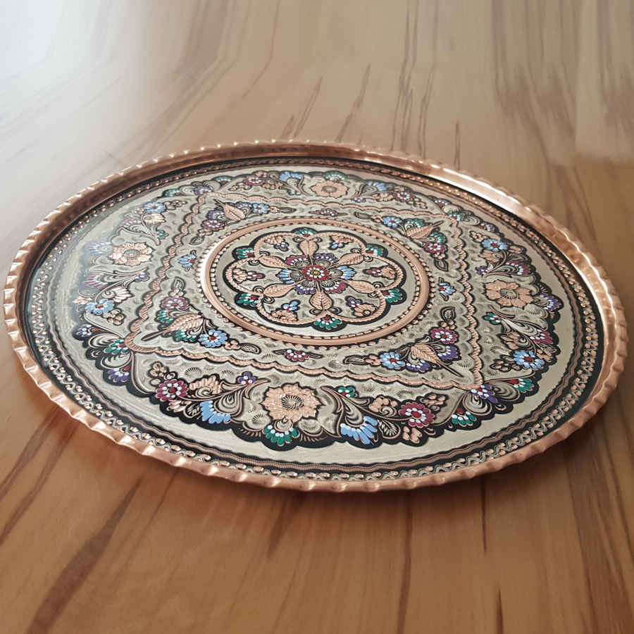 Dekoratives Kupfertablett, handgraviert & gehämmert mit persischem Kunsthandwerk und Kiana-Muster