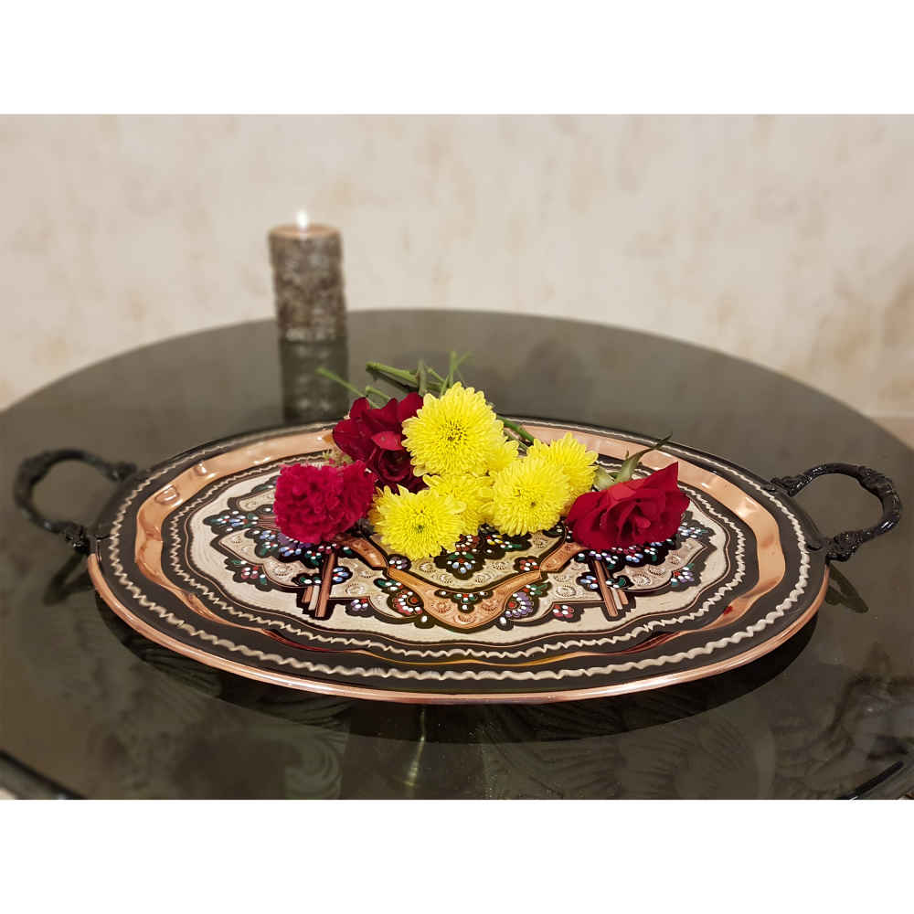 Dekoratives Kupfertablett, handgraviert & gehämmert mit persischem Kunsthandwerk und Rana-Motiv