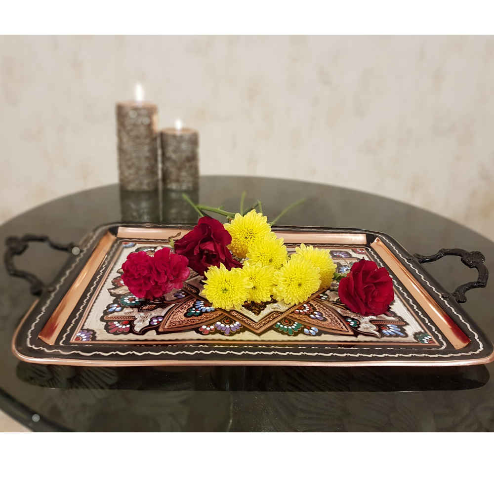 Dekoratives Kupfertablett, handgraviert & gehämmert mit persischem Kunsthandwerk und Saboura-Muster