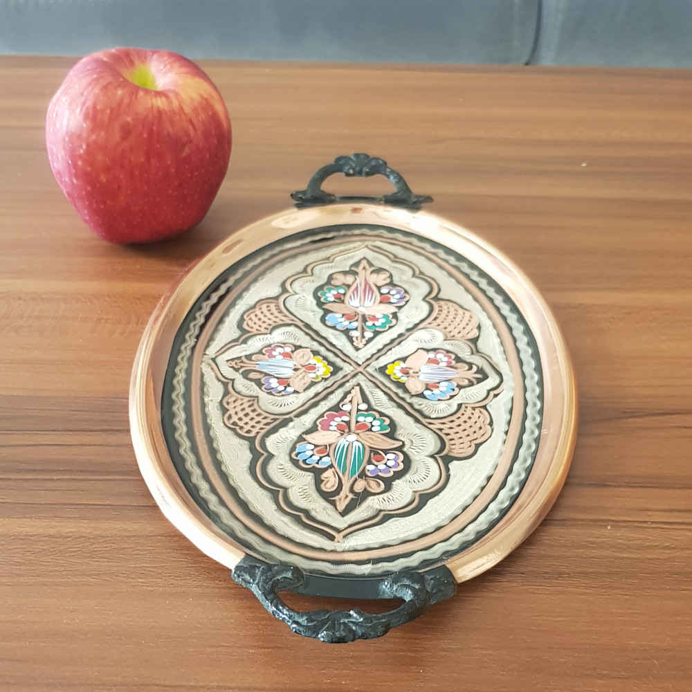 Dekoratives Kupfertablett, handgraviert & gehämmert mit persischem Kunsthandwerk und Soha-Design