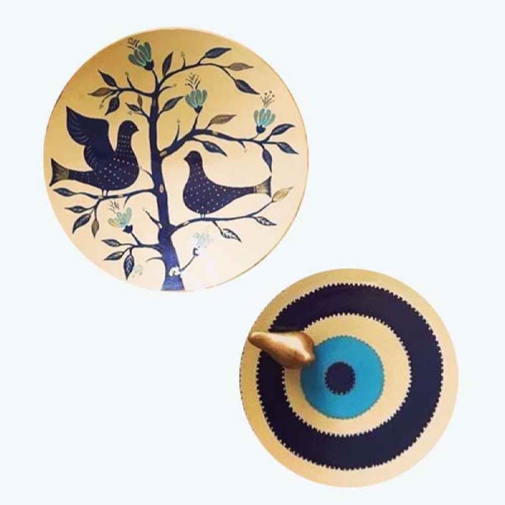 Set von 2 handgemalten dekorativen Keramiktellern Vogel