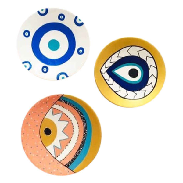 Set von 3 handgemalten dekorativen Keramiktellern Cheshm Nazar