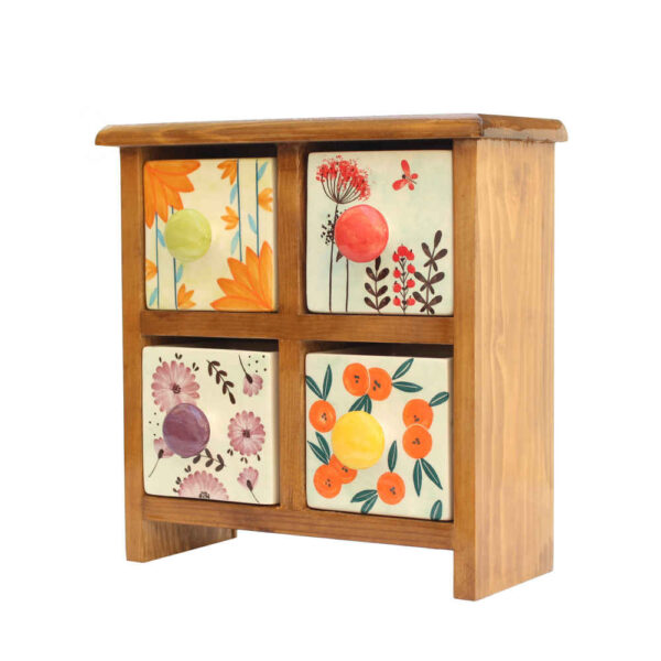 Handgefertigte Kommode mit 4 Keramikschubladen und Holzkasten