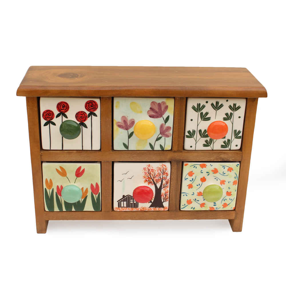 Handgefertigte Kommode mit 6 Keramikschubladen und Holzkasten