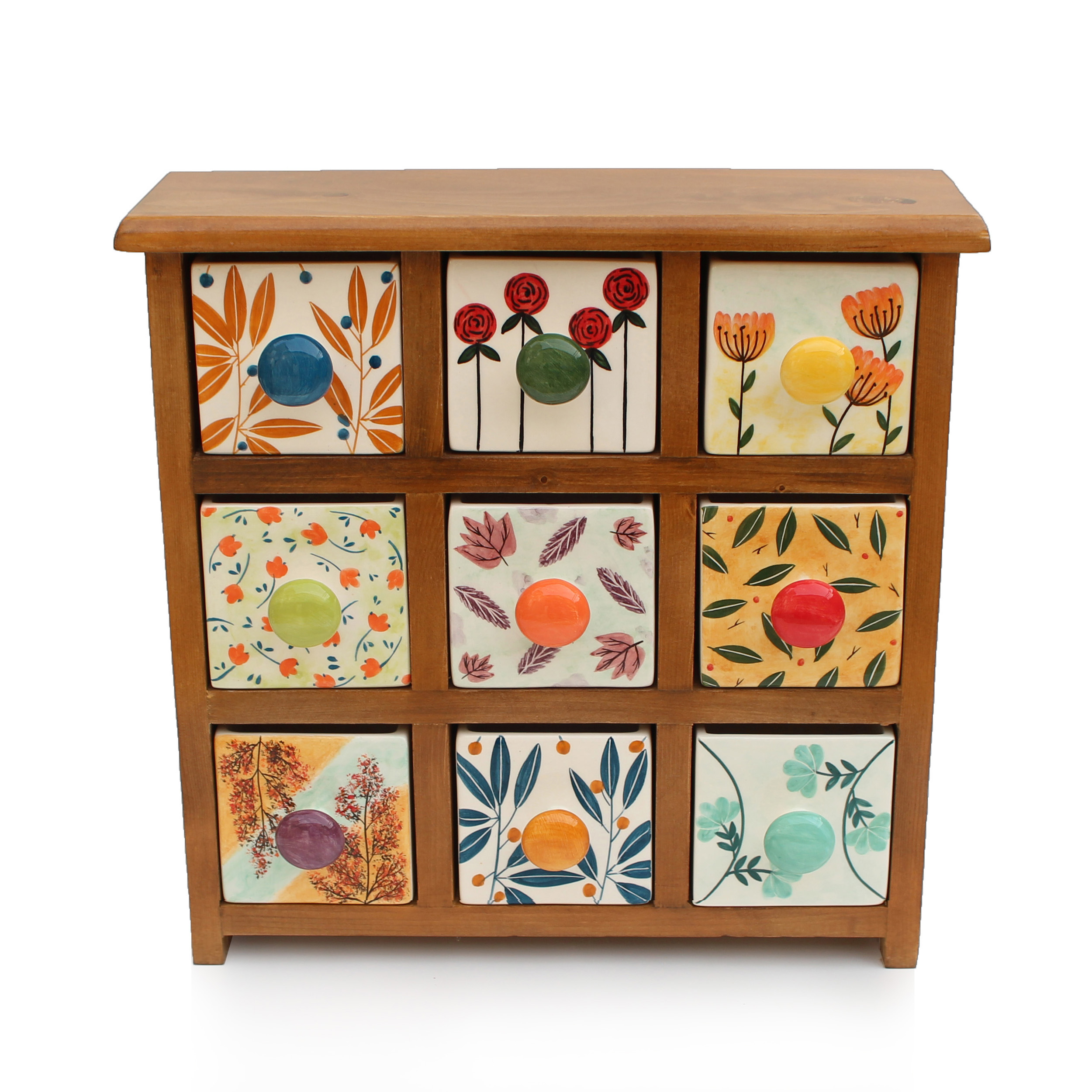 Handgefertigte Kommode mit 9 Keramikschubladen und Holzkasten