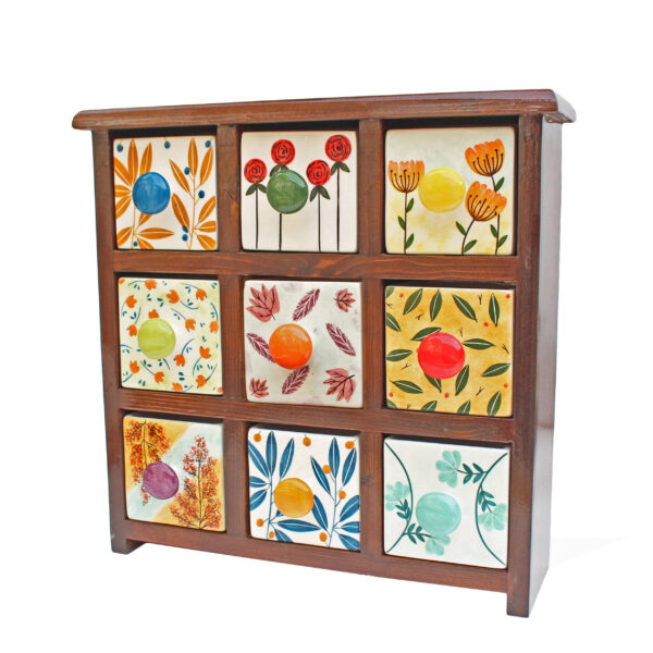 Handgefertigte Kommode mit 9 Keramikschubladen und Holzkasten