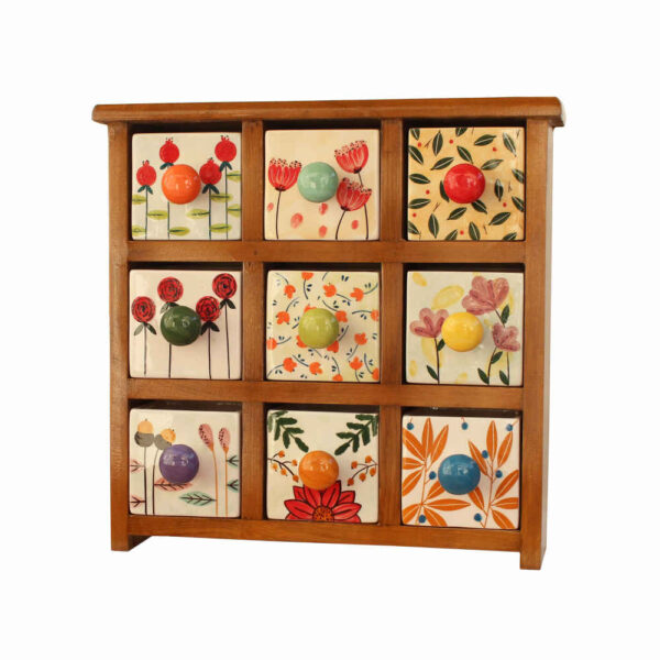 Handgefertigte Kommode mit 9 Keramikschubladen und Holzkasten – Blumendesign