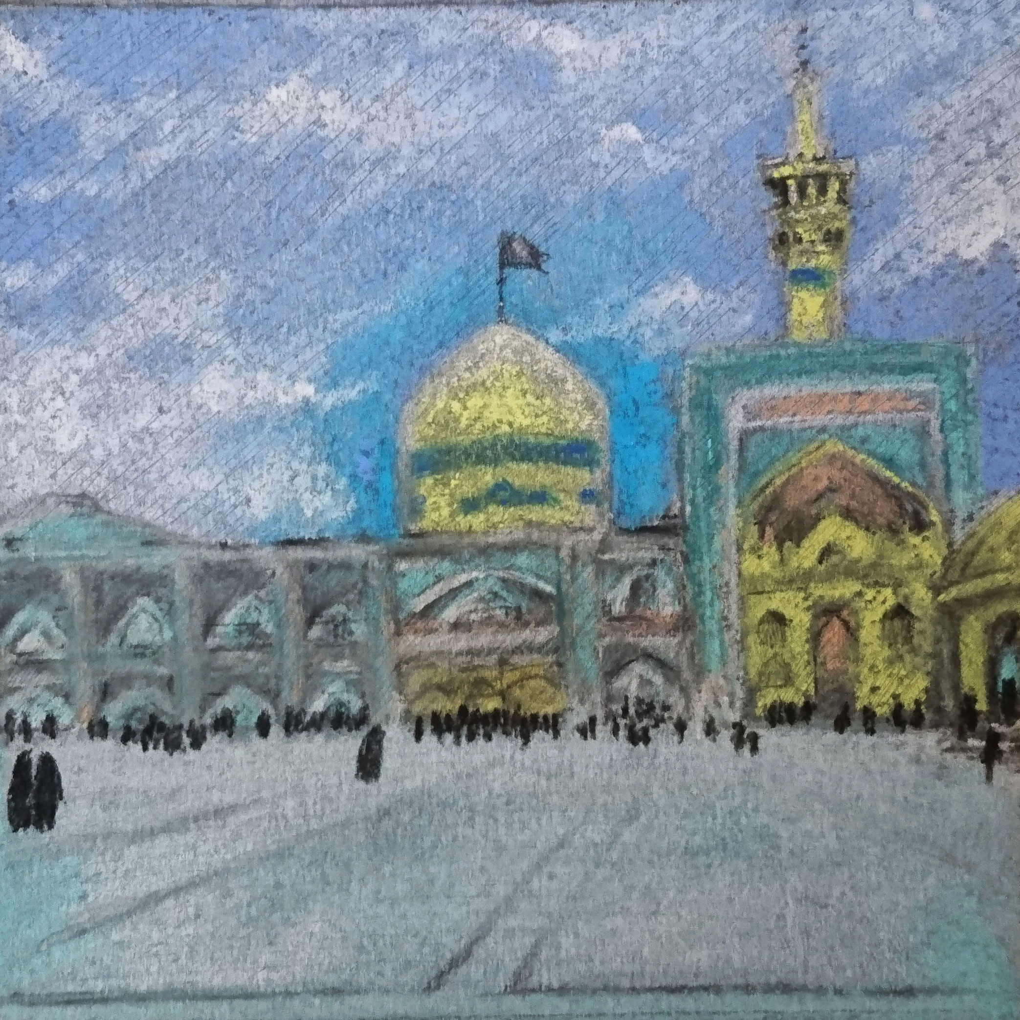 Original realistische Zeichnung – Pastell auf Karton, Imam Reza Heiligtum