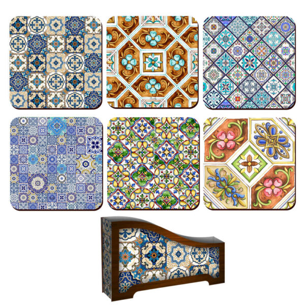Set aus Untersetzern & Halter mit persisch inspiriertem künstlerischen Design Rahil