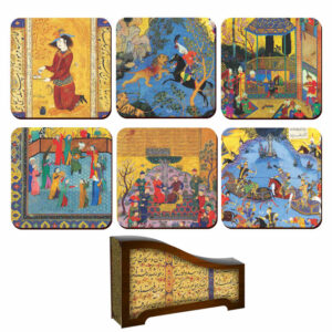 Set aus Untersetzern & Halter mit persisch inspiriertem künstlerischen Design Shahnameh