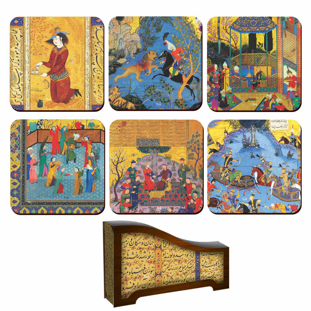 Set aus Untersetzern & Halter mit persisch inspiriertem künstlerischen Design Shahnameh