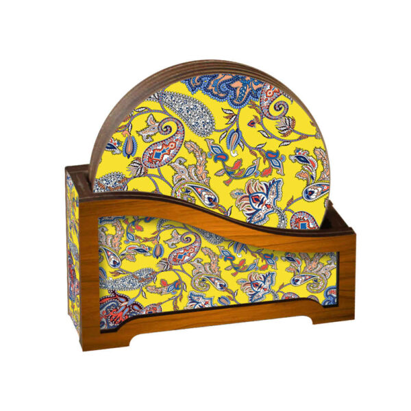 Set aus Untersetzern & Halter mit persisch inspiriertem künstlerischen Design Gelb