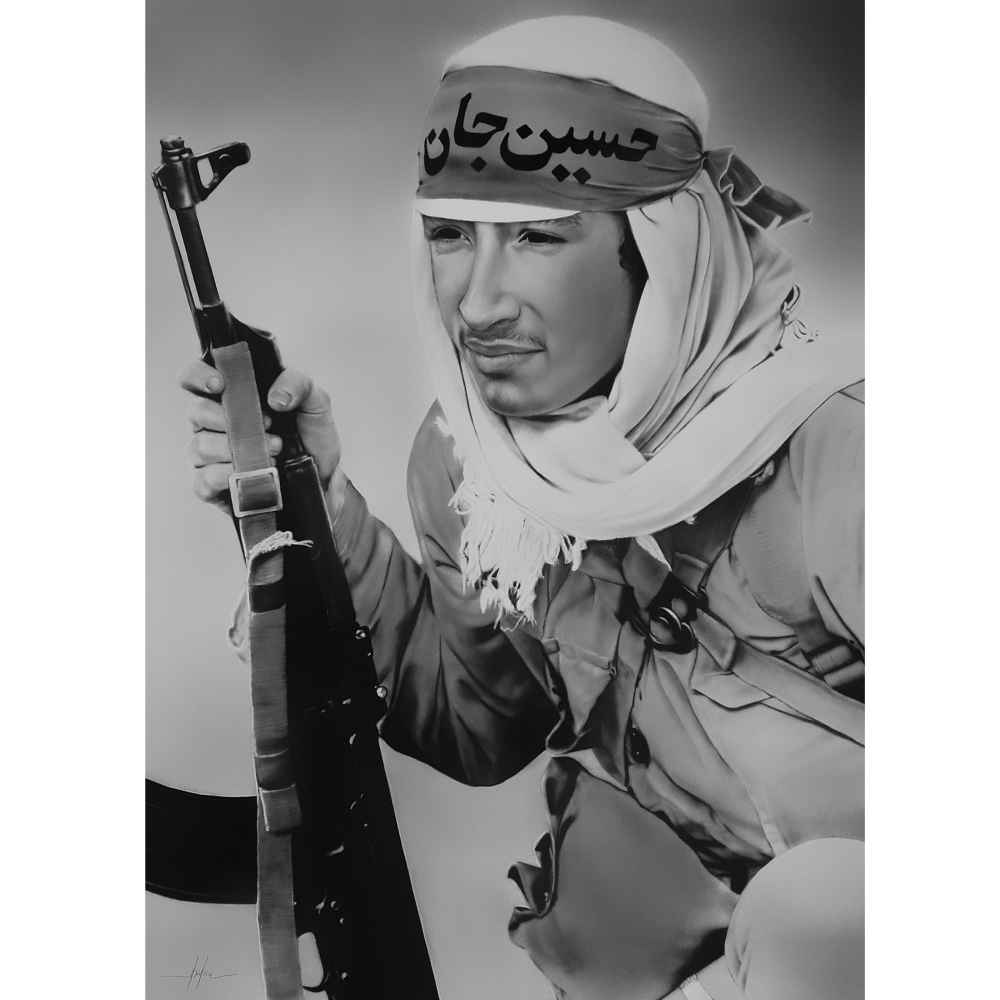 Original Tuschezeichnung - Muslimischer Soldat mit Ya Hussein Kopftuch