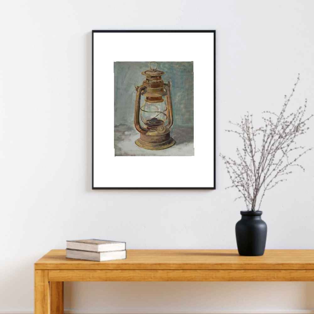 Original realistische Kunstmalerei – Öl auf Karton, Laternenlicht