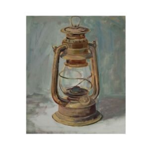 Original realistische Kunstmalerei – Öl auf Karton, Laternenlicht