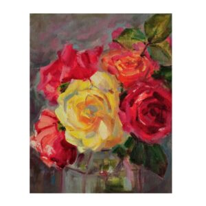 Original malerische Kunstmalerei – Öl auf Karton, Rosenblumen in Vase