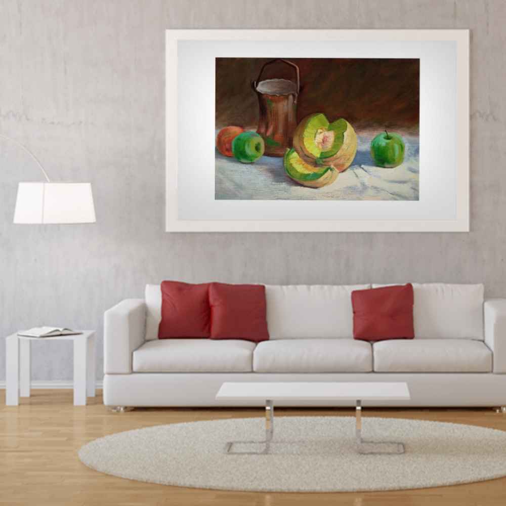 Original realistische Kunstmalerei – Öl auf Karton, Früchte