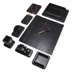 Schwarzes Leder-Schreibtischset – 10-teiliges Set