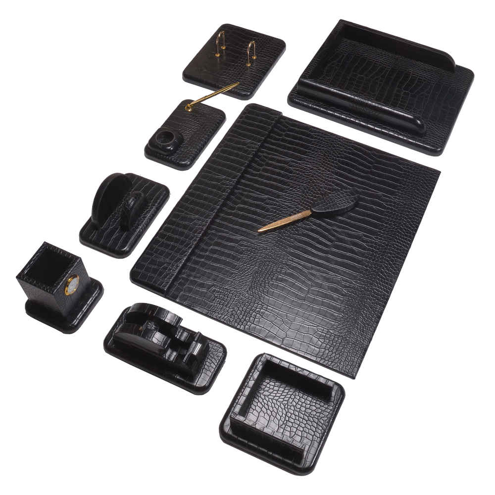 Schwarzes Leder-Schreibtischset - 10-teiliges Set