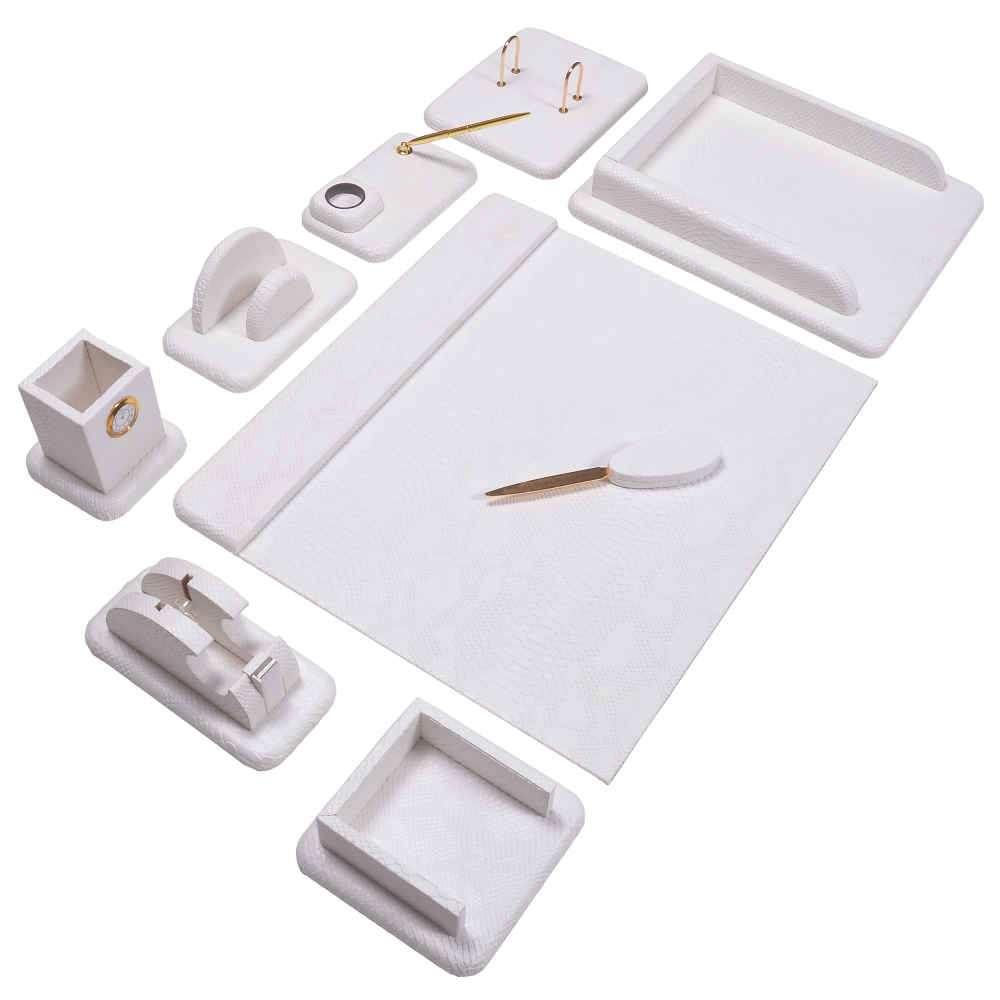 Weißes Leder-Schreibtisch-Set - 10-teiliges Set