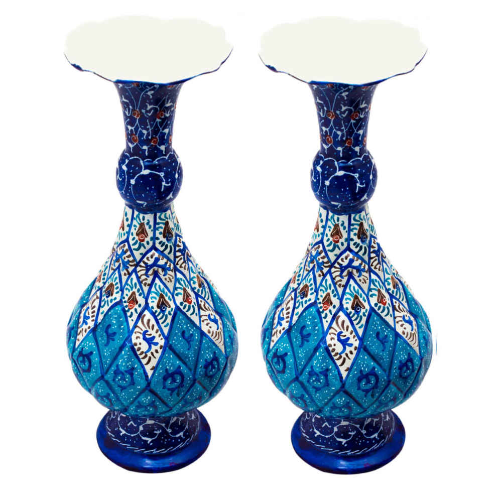 Set aus 2 dekorativen Kupfervasen, handbemalt mit Persischer Minakari-Emaille Erika