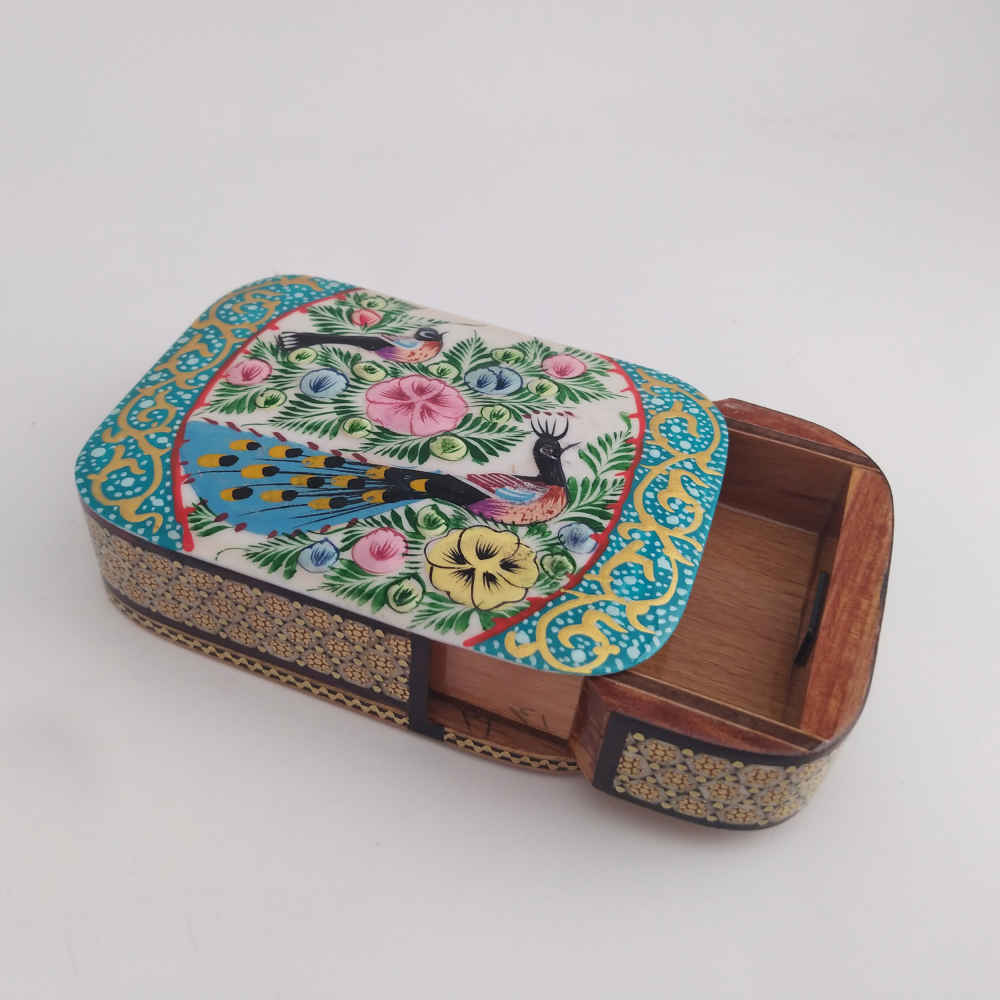 Persische Holz-Spielkarten-Aufbewahrungsbox – Khatam Emaille Vögel & Blume