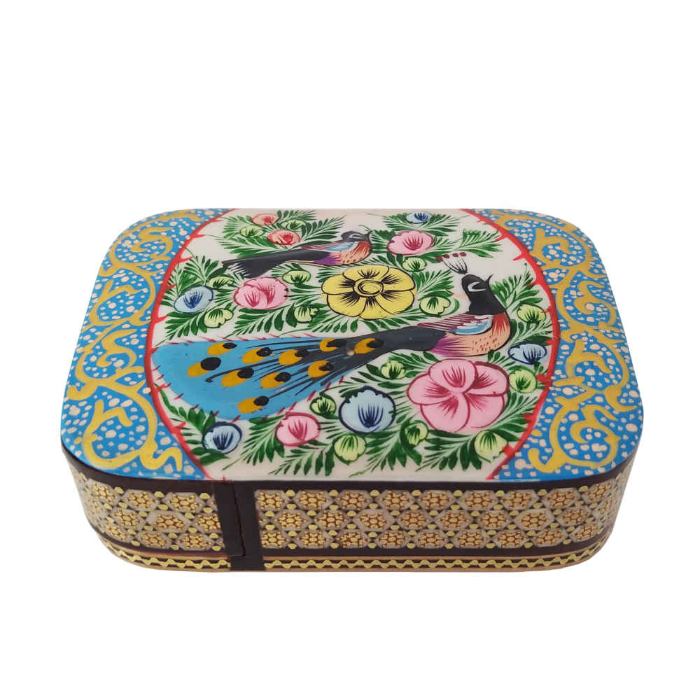 Holz-Visitenkartenbox inspiriert von persischer Khatamkari-Kunst Vögel & Blumen