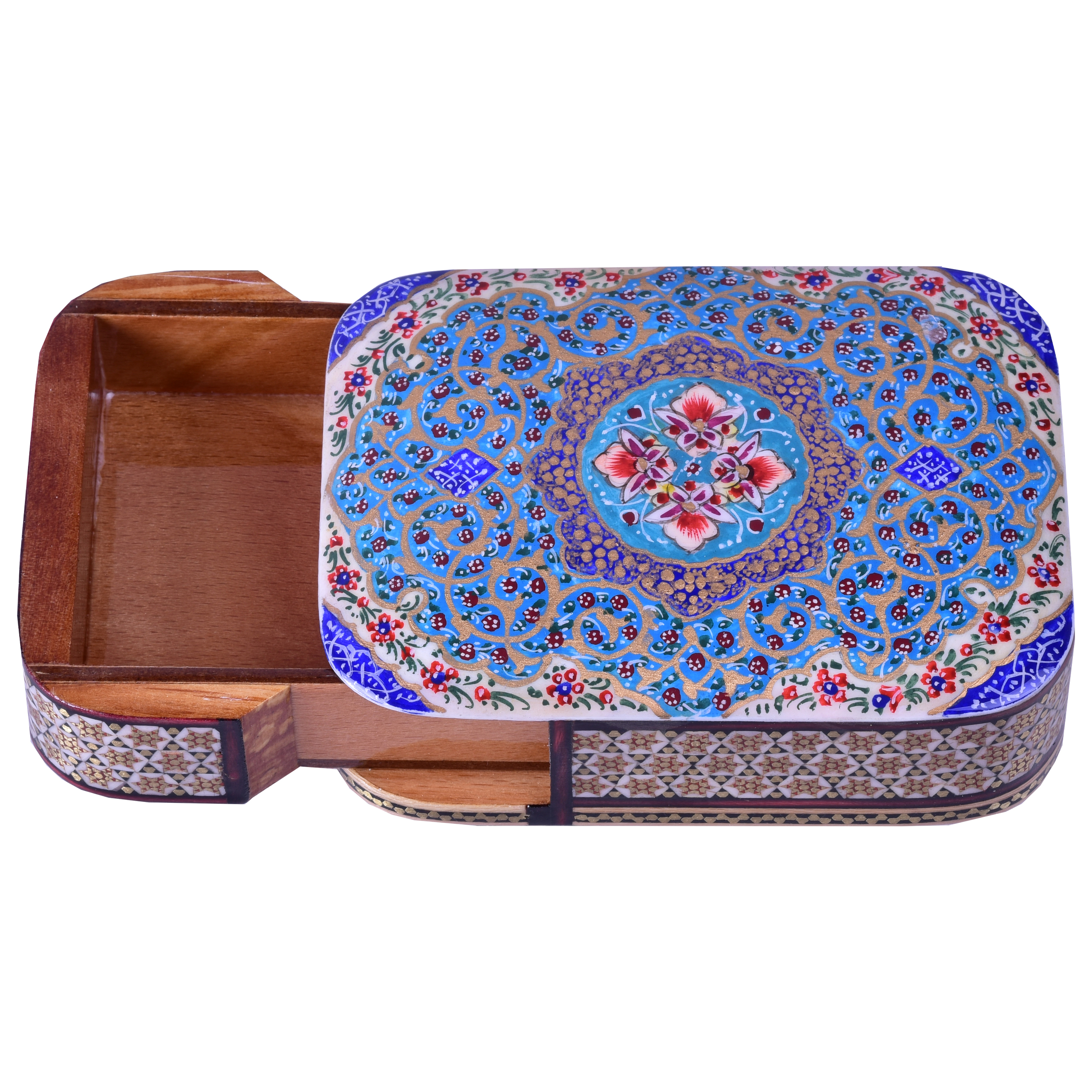 Persische Holz-Spielkarten-Aufbewahrungsbox – Khatam Emaille Blume