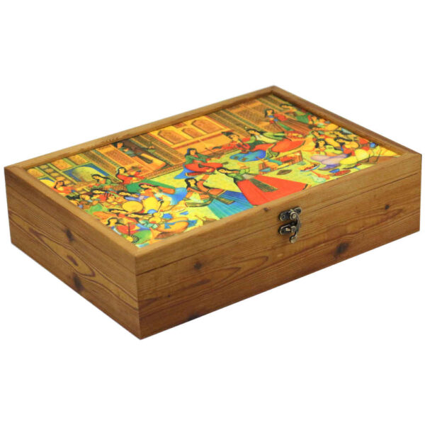 Holz-Teebox-Aufbewahrung mit Fächern und persischem Muster Tanz