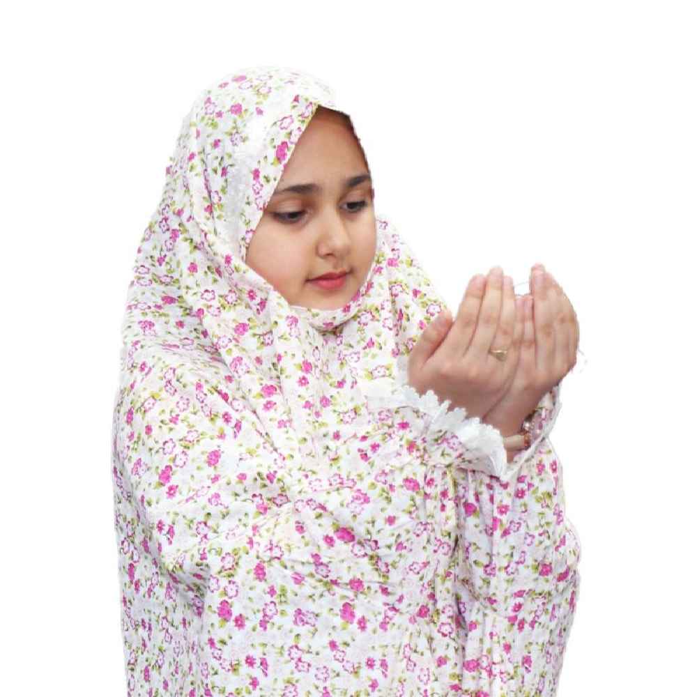 Islamisches weißes Namaz-Chador für Mädchen - Modell Blossom