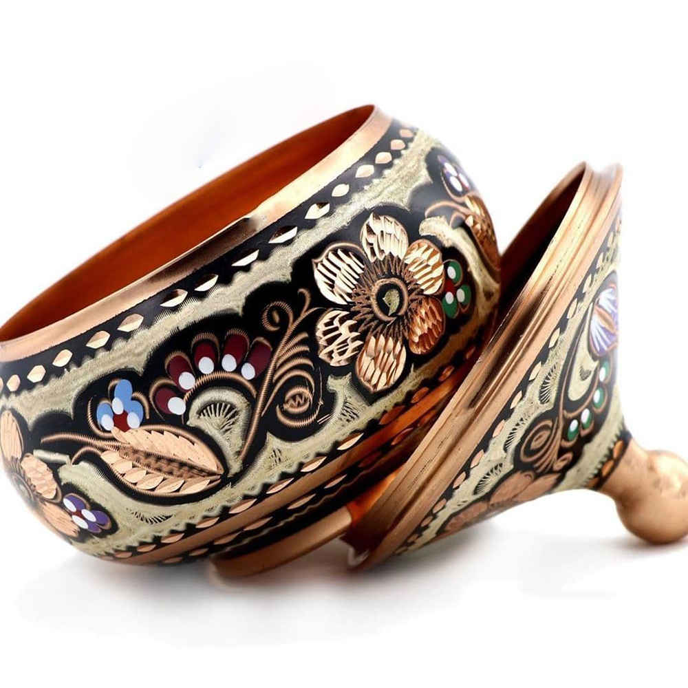 Handgefertigte persische Kupfer-Zuckerschale mit Deckel – Minakari emailliert Lana