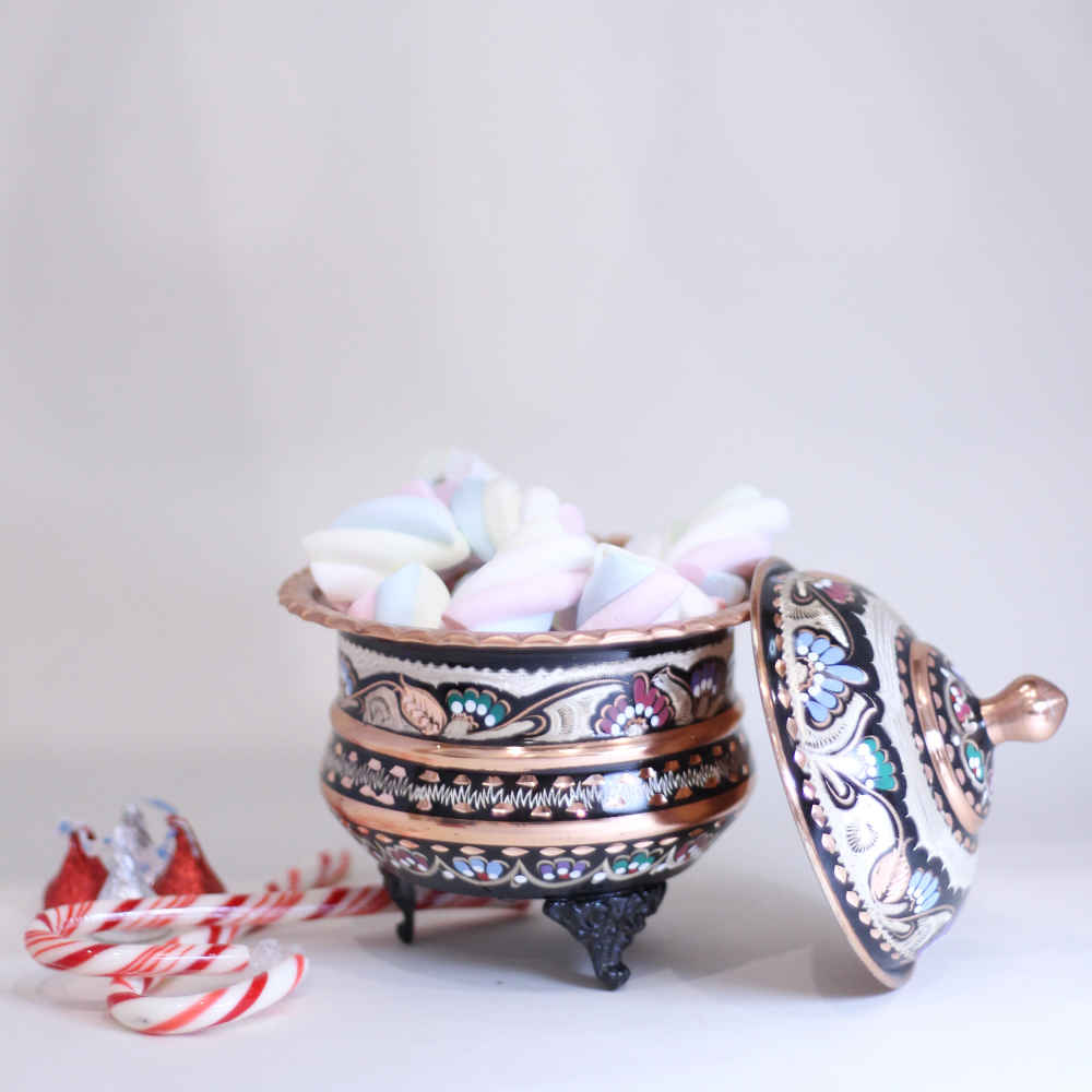 Handgefertigte persische Kupfer-Zuckerschale mit Deckel – Minakari emailliert Mehran