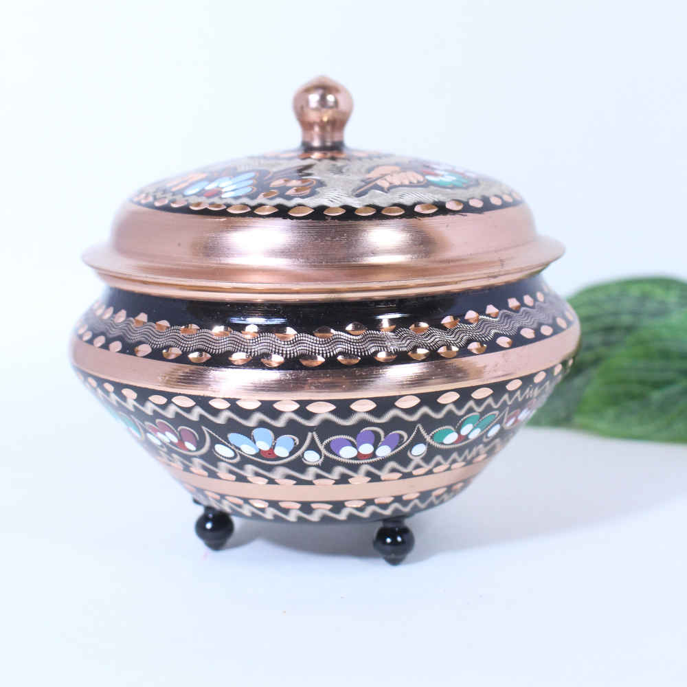 Handgefertigte persische Kupfer-Zuckerschale mit Deckel – Minakari emailliert Royan