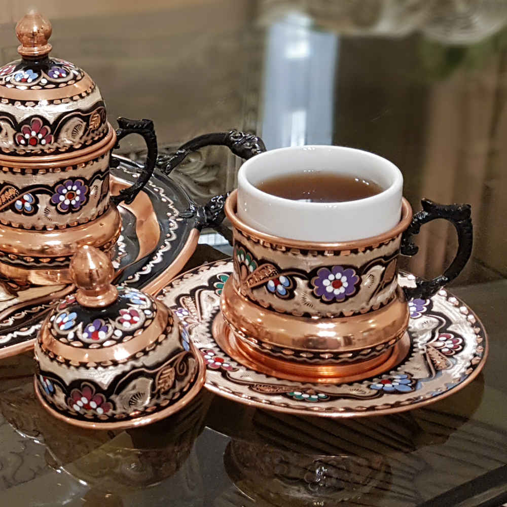 Persische Espressotasse mit Untertasse – Minakari emaillierter Kupfer Demitasse-Stil
