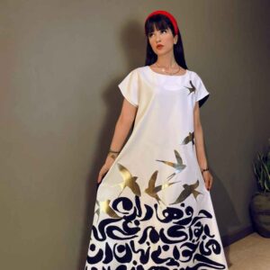 Damen Mode Kurzarm Kleid mit Vogel- und Blumenmuster Modell Hesse Gharib