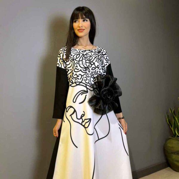 Damen Mode Kurzarm Kleid mit Vogel- und Kalligrafie-Muster Modell Harf ha