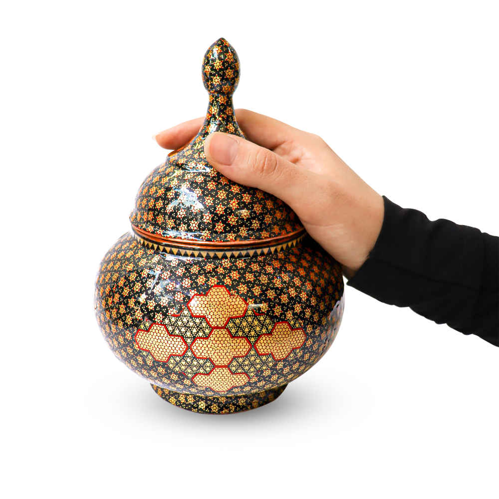 Handgefertigte persische Kupfer-Zuckerschale, verziert mit kunstvoller Khatam-Marketerie, Darksaam