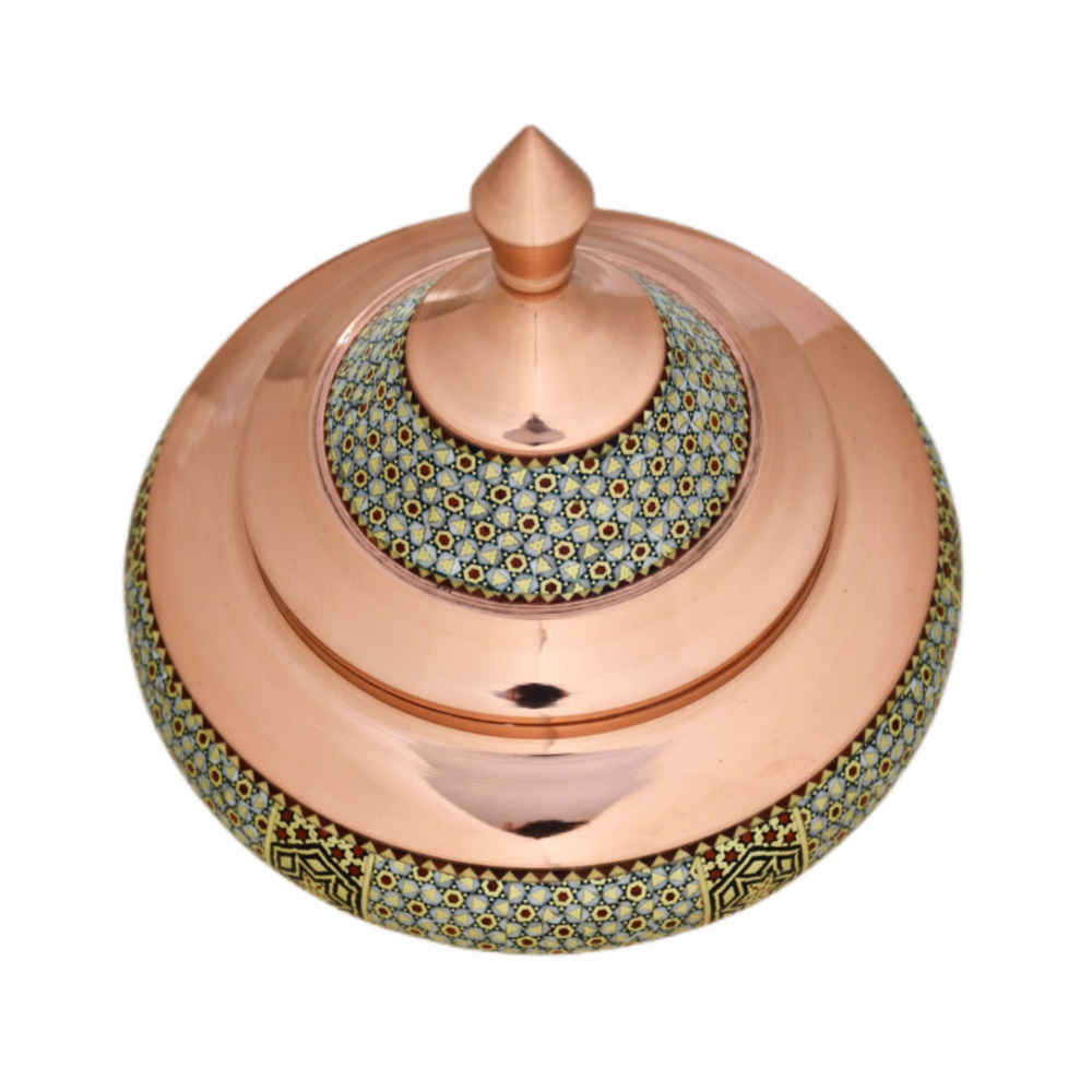Handgefertigte persische Kupfer-Zuckerschale, verziert mit kunstvoller Khatam-Marketerie, Safinei