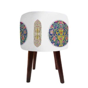 Runder Samt-Hocker mit Holzbeinen, inspiriert von persischer Kunst, Weiß Abra