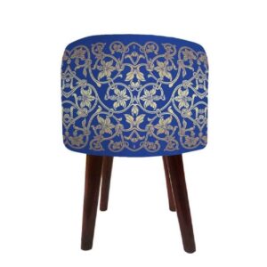 Runder Samt-Hocker mit Holzbeinen, inspiriert von persischer Kunst, Blauer Borna