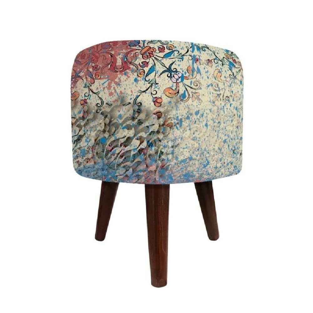 Runder Samt-Hocker mit Holzbeinen, inspiriert von persischer Kunst, Graue Patina