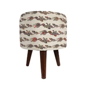 Runder Samt-Hocker mit Holzbeinen, inspiriert von persischer Kunst, Weiß Tamana