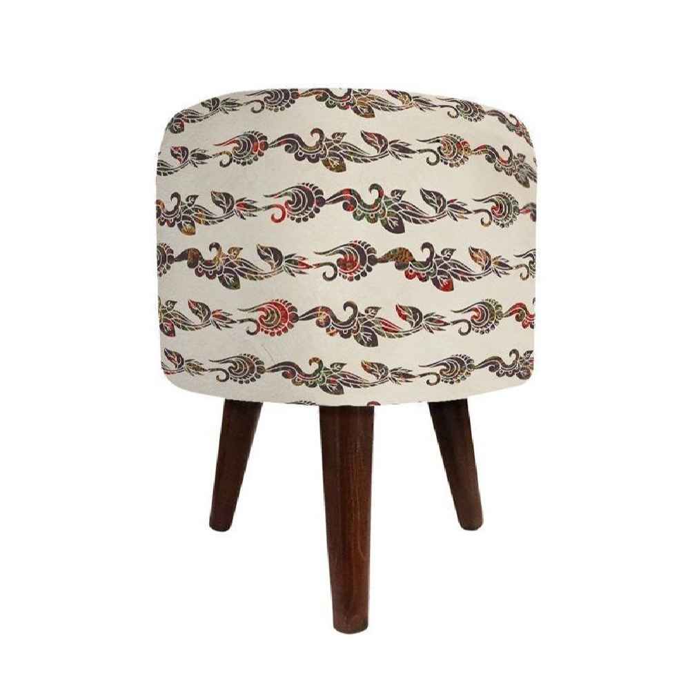 Runder Samt-Hocker mit Holzbeinen, inspiriert von persischer Kunst, Weiß Tamana