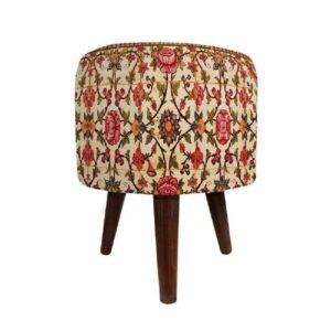 Runder Samt-Hocker mit Holzbeinen, inspiriert von persischer Kunst, Creme Fliese