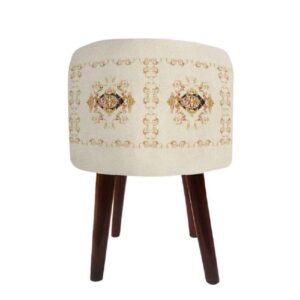 Runder Samt-Hocker mit Holzbeinen, inspiriert von persischer Kunst, Creme Golabetoon
