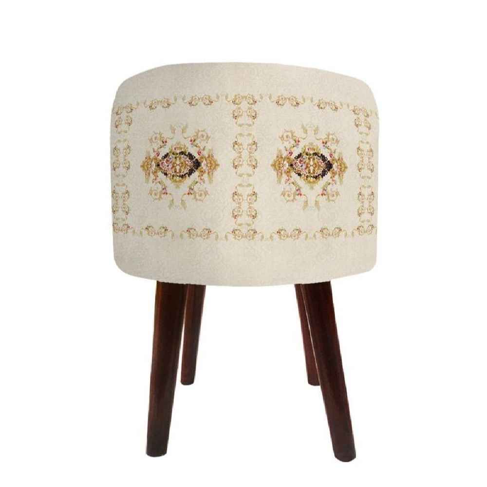 Runder Samt-Hocker mit Holzbeinen, inspiriert von persischer Kunst, Creme Golabetoon