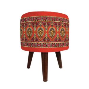 Runder Samt-Hocker mit Holzbeinen, inspiriert von persischer Kunst, Orange Nahal
