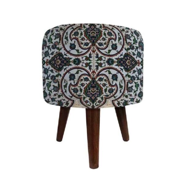 Runder Samt-Hocker mit Holzbeinen, inspiriert von persischer Kunst, Grauer Nazanin